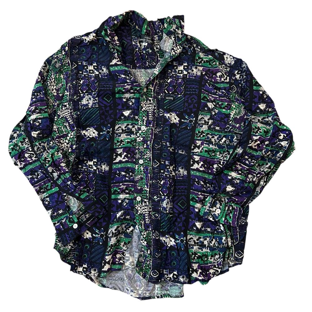 Guess By Georges Marciano Button Shirt Size Medium (4) AOP Graphic Purple Rayon